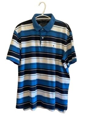 Vintage Tommy Hilfiger Blue & White Striped Polo Shirt – Size Large *Flaw